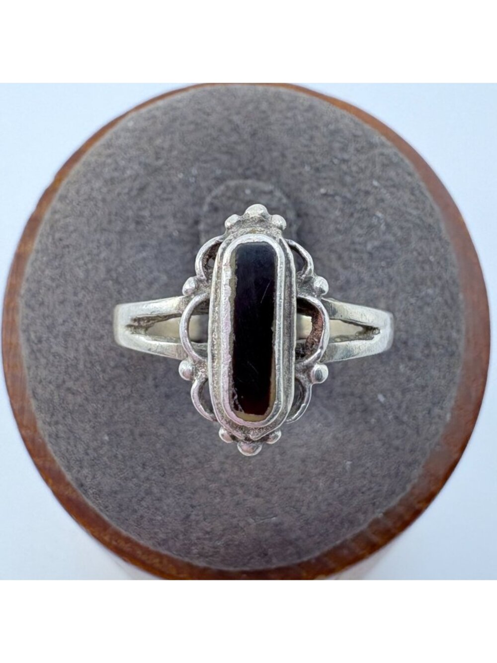 Black Enamel Bead Scroll Border Ring VTG Solid Sterling Silver 925 Size 7.5